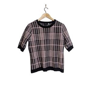 NWOT Tahari Pink and Black Plaid Short Sleeve Sweater